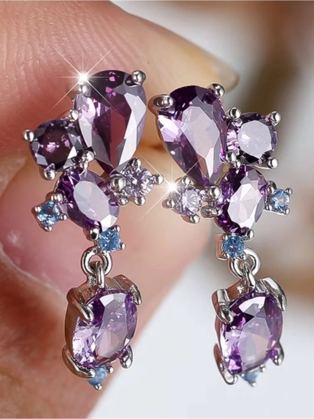 New! Purple CZ Drop Earrings - Sparkling Teardrop & Oval Design